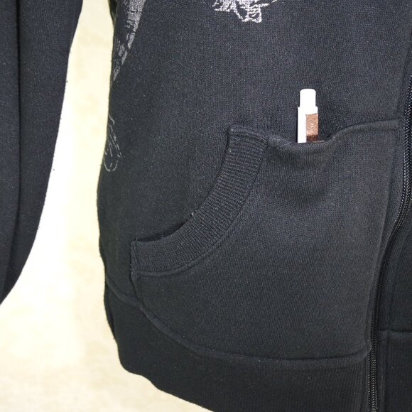 SOHO BABE Black Cowl Neck Full Zip Silver Fleur De Lis Sweatshirt L - Picture 10 of 17